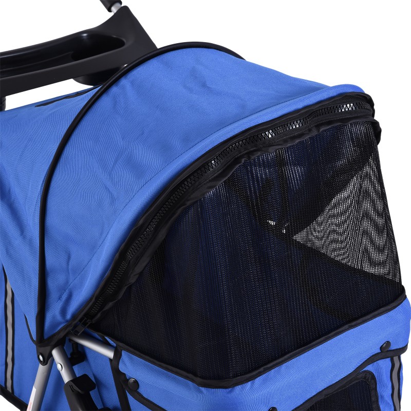 Taittuva koirankärry / lemmikkivaunu pienille koirille max 10 kg, säädettävä kuomu, 2 mukitelinettä, tavarakori, sininen