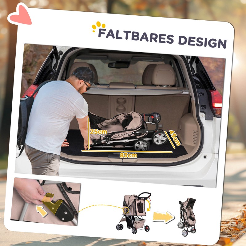 Koiravaunu / koirarattaat alle 10 kg koirille, kahvinruskea, taitettava, alakoreilla ja mukitelineillä