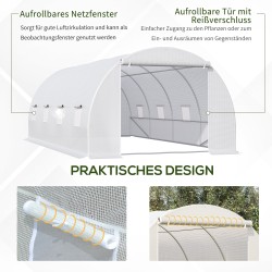 Kasvihuone 595x300x200 cm valkoinen PE-kasvatuskaari ovella ja ikkunoilla, sinkitty teräsrunko