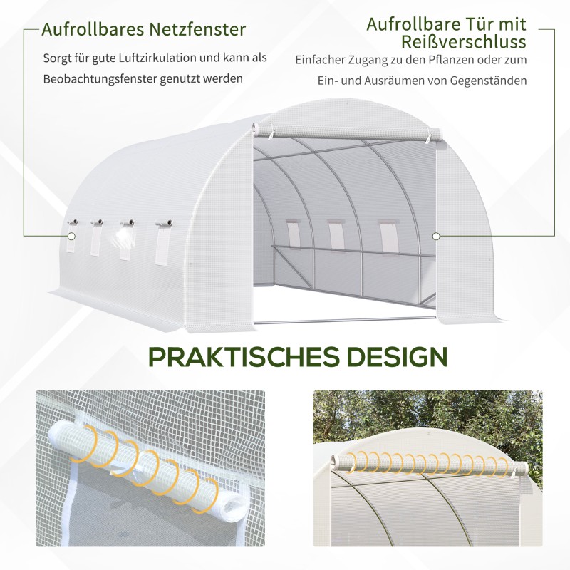 Kasvihuone 595x300x200 cm valkoinen PE-kasvatuskaari ovella ja ikkunoilla, sinkitty teräsrunko