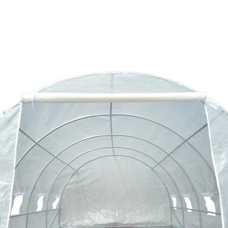 Kasvihuone 595x300x200 cm valkoinen PE-kasvatuskaari ovella ja ikkunoilla, sinkitty teräsrunko