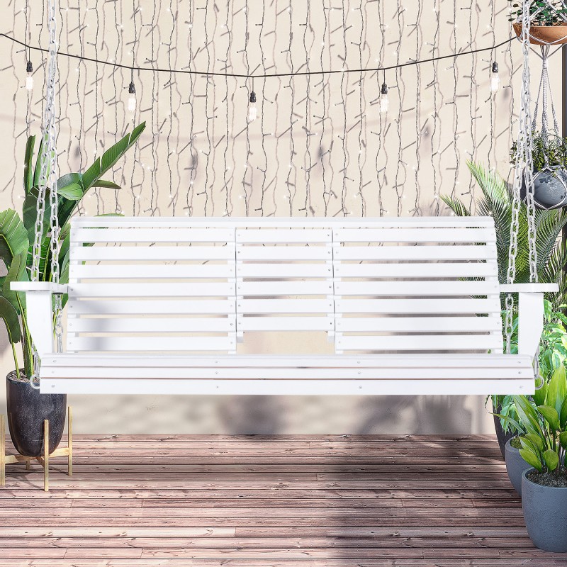 Riippuva puupenkki taitettavalla pöydällä ja mukitelineillä, tannenpuu, valkoinen 150 x 75 x 53 cm