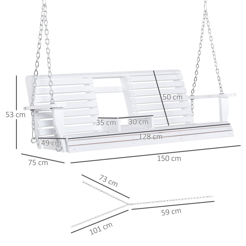 Riippuva puupenkki taitettavalla pöydällä ja mukitelineillä, tannenpuu, valkoinen 150 x 75 x 53 cm