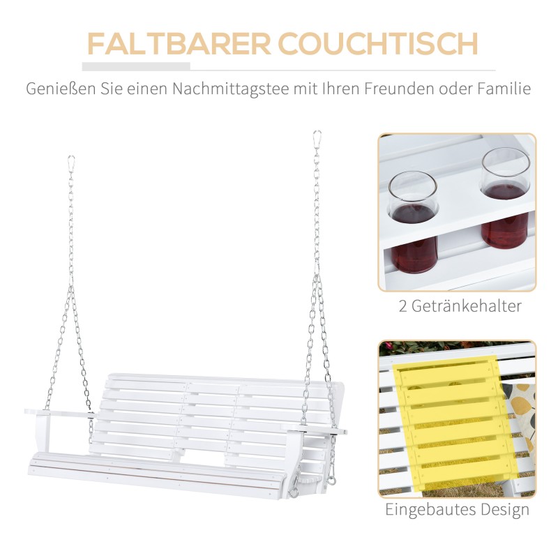 Riippuva puupenkki taitettavalla pöydällä ja mukitelineillä, tannenpuu, valkoinen 150 x 75 x 53 cm