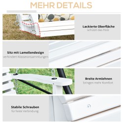 Riippuva puupenkki taitettavalla pöydällä ja mukitelineillä, tannenpuu, valkoinen 150 x 75 x 53 cm