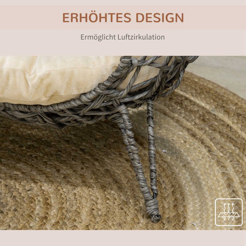 Rottinkinen kissanpeti ja -talo tyynyllä, korotetut jalat, hopeanharmaa, Ø52 x 58 cm