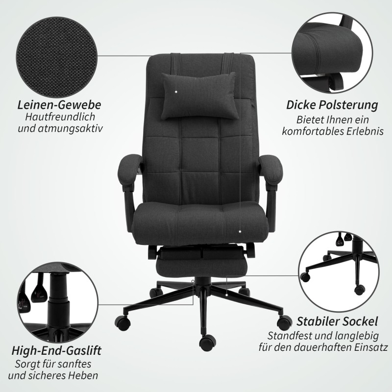 Ergonominen työtuoli jalkatuella ja niskatuella, säädettävä toimistotuoli, musta