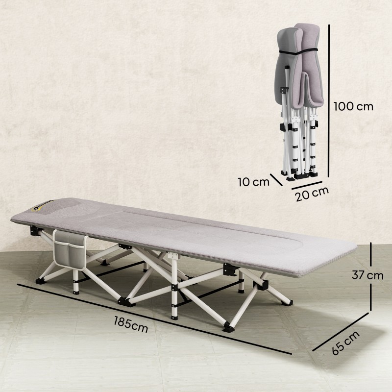 Leirisänky / camping-sänky taitettava, pehmustettu, teräsrunko, 185 x 65 x 37 cm, harmaa, kantavuus 200 kg
