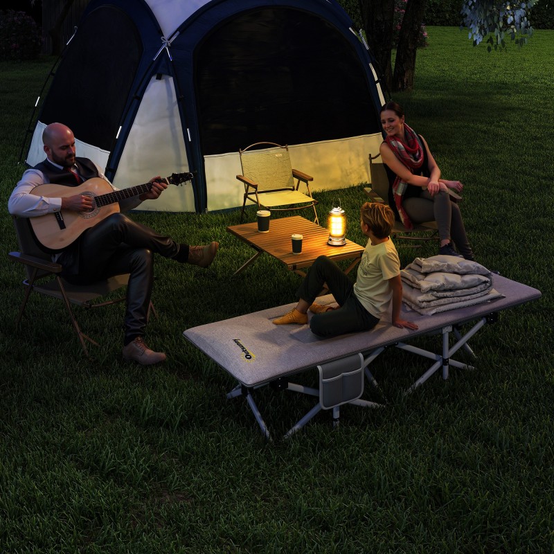 Leirisänky / camping-sänky taitettava, pehmustettu, teräsrunko, 185 x 65 x 37 cm, harmaa, kantavuus 200 kg