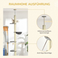 Kattoon ulottuva raapimapuu riippumatolla, sisalpylväät, 40 x 40 x 230–250 cm, harmaa–kermanvalkoinen