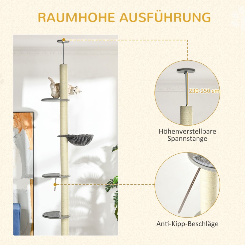 Kattoon ulottuva raapimapuu riippumatolla, sisalpylväät, 40 x 40 x 230–250 cm, harmaa–kermanvalkoinen