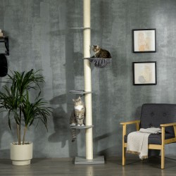 Kattoon ulottuva raapimapuu riippumatolla, sisalpylväät, 40 x 40 x 230–250 cm, harmaa–kermanvalkoinen