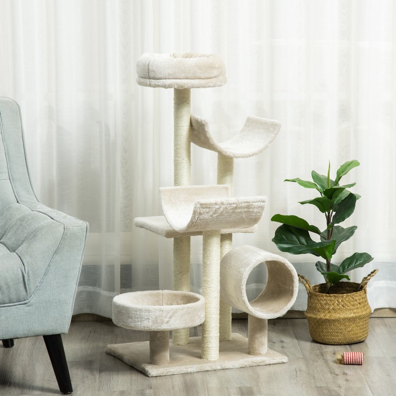 Kissan raapimis- ja kiipeilypuu tunnelilla, beige, 50 x 40 x 105 cm