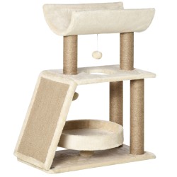 Kissan kiipeily ja raapimispuu useita tasoja lelut ja peti 60 x 30 x 76 cm creme luonnonvärinen
