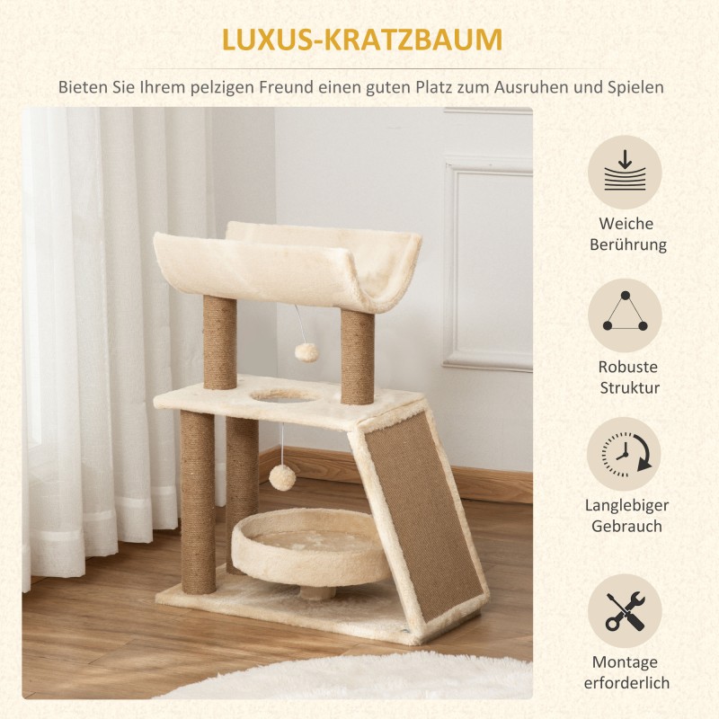 Kissan kiipeily- ja raapimispuu, useita tasoja, lelut ja peti, 60 x 30 x 76 cm, creme / luonnonvärinen