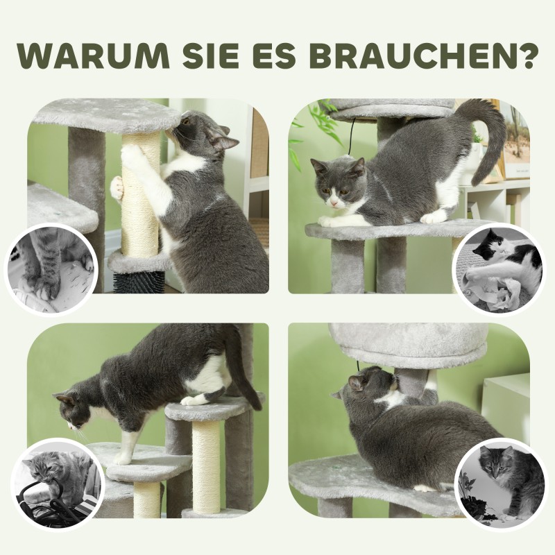 Kissan leikkikeskus ja raapimapuu, yläpeti ja pesä, leikkipallot, plyysi, 60 x 39 x 87 cm, vaaleanharmaa/kerma