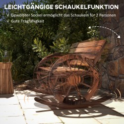 Kahden hengen puinen puutarhakeinu karbonisoidulla puupinnalla ja pyöränpyörä käsinojilla, kuusi