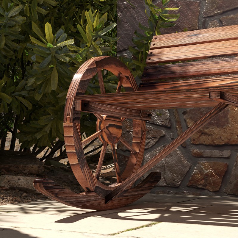 Kahden hengen puinen puutarhakeinu karbonisoidulla puupinnalla ja pyöränpyörä käsinojilla, kuusi