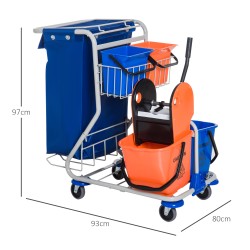 Ammattimainen siivousvaunu 2 x 18 l ja 2 x 6 l ämpäreillä, mopinpuristin ja jätesäkki, sininen/oranssi 93 x 80 x 97 cm