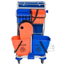 Ammattimainen siivousvaunu 2 x 18 l ja 2 x 6 l ämpäreillä, mopinpuristin ja jätesäkki, sininen/oranssi 93 x 80 x 97 cm