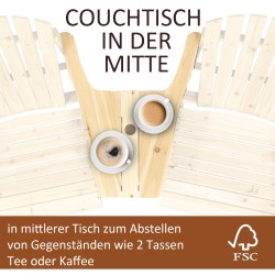 Adirondack puinen kahden istuttava puutarhatuoli integroidulla pöydällä ja varjoaukolla, luonnonvärinen 178 x 87 x 92 cm