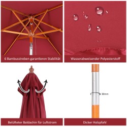 Aurinkovarjo 200 x 150 cm suorakulmainen kallistettava viininpunainen puurunko UV-suoja terassille puutarhaan rannalle