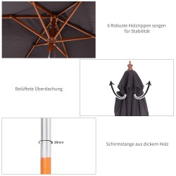 Aurinkovarjo 200 x 150 cm suorakaide tummanharmaa, kallistettava, vettähylkivä ja UV-suojattu puuvarsi