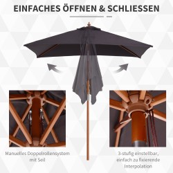 Aurinkovarjo 200 x 150 cm suorakaide tummanharmaa, kallistettava, vettähylkivä ja UV-suojattu puuvarsi