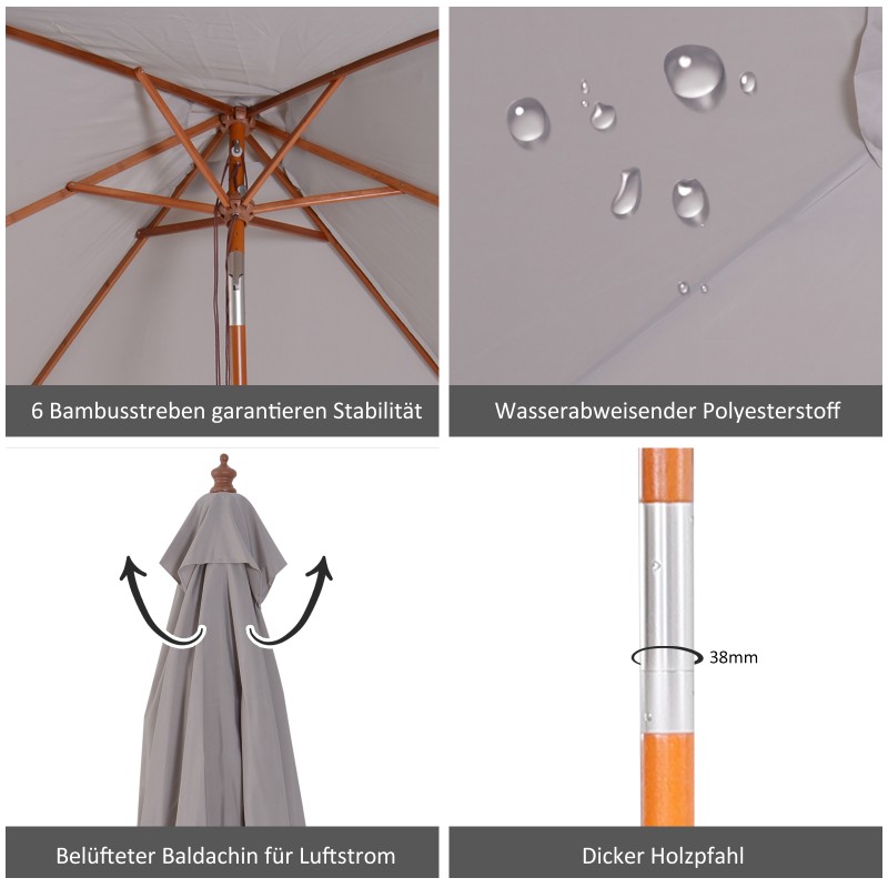 Harmaa suorakulmainen aurinkovarjo 200 x 150 x 235 cm, kallistettava, puurunko, vedenhylkivä ja UV-suojattu