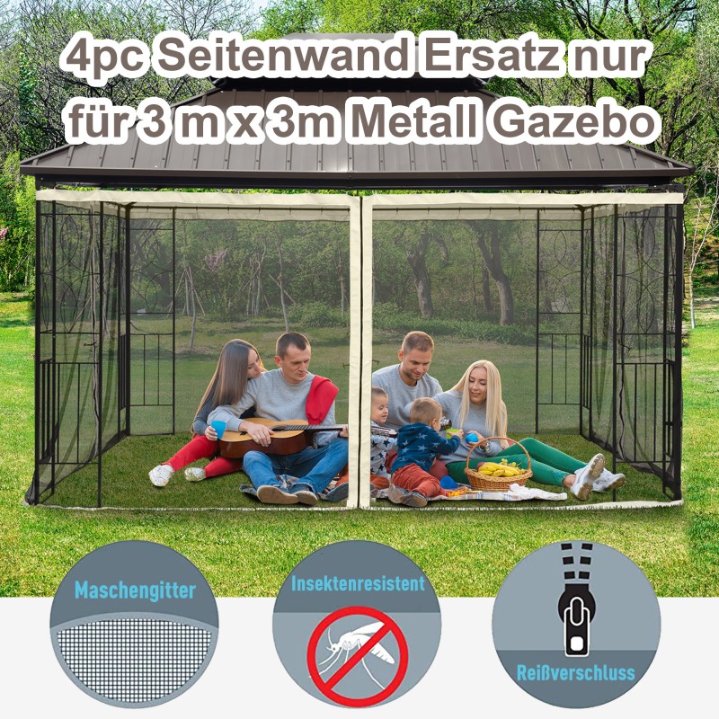 Paviljongin hyttysverkko 3x3 m, 4 sivupaneelia, vetoketjut, musta nylon‑mesh