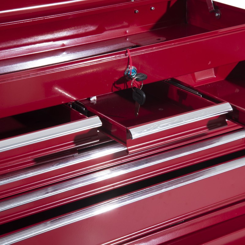 Punainen teräksinen lukittava työkalukaappi ja työkalukärry, 16 laatikkoa, pyörillä