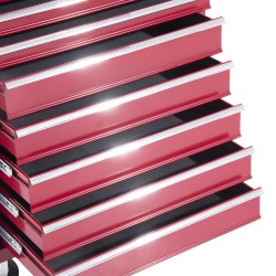 Punainen teräksinen lukittava työkalukaappi ja työkalukärry, 16 laatikkoa, pyörillä