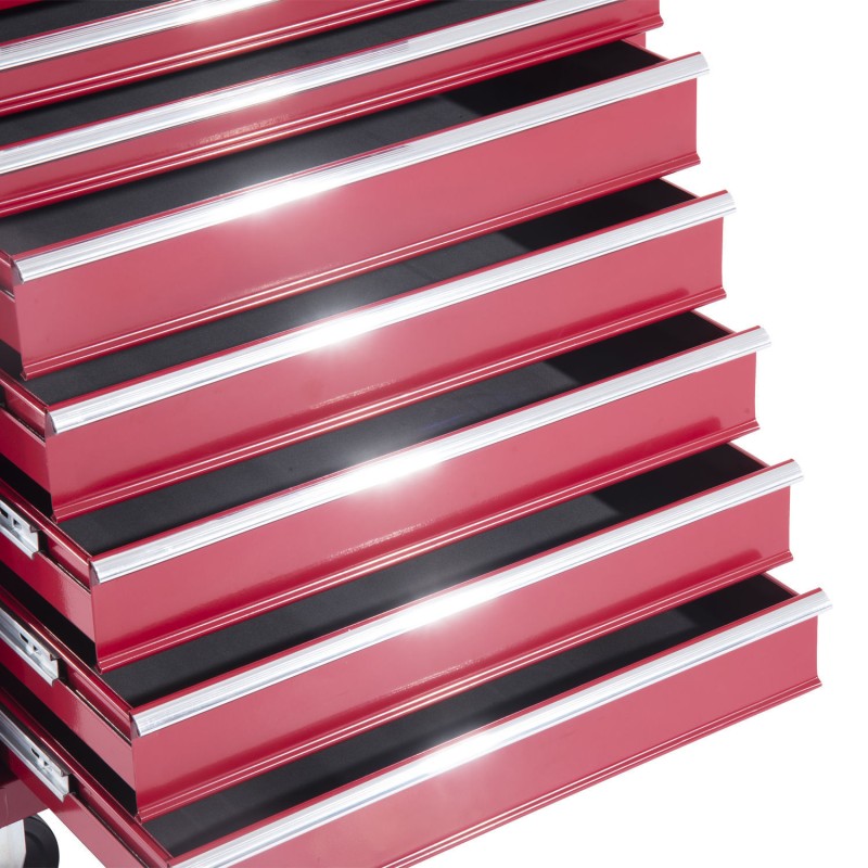 Punainen teräksinen lukittava työkalukaappi ja työkalukärry, 16 laatikkoa, pyörillä