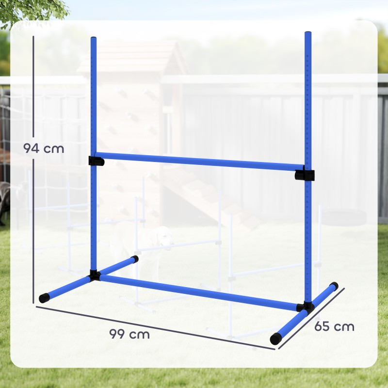 Koiran agility-setti 4-osainen, korkeussäädettävät esteet ja pujottelutangot, sininen, kantolaukulla