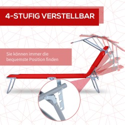 Taitettava aurinkovuode katoksella, 4-asentoinen selkänoja, ulkokäyttöön, punainen, max 120 kg