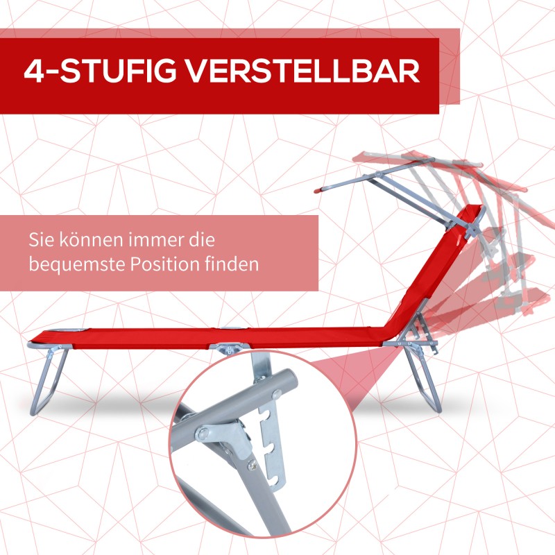 Taitettava aurinkovuode katoksella, 4-asentoinen selkänoja, ulkokäyttöön, punainen, max 120 kg