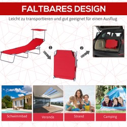 Taitettava aurinkovuode katoksella, 4-asentoinen selkänoja, ulkokäyttöön, punainen, max 120 kg