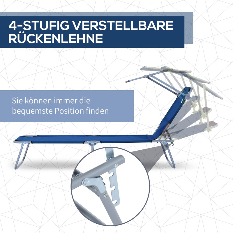 Taitettava aurinkovuode aurinkosuojalla, säädettävä selkänoja, metalli, 187 x 58 x 36 cm, sininen