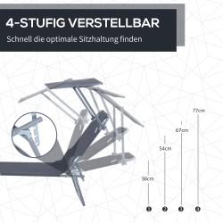 Taitettava aurinkosuoja lepotuoli ulkokäyttöön, 4-asentoinen selkänoja, harmaa