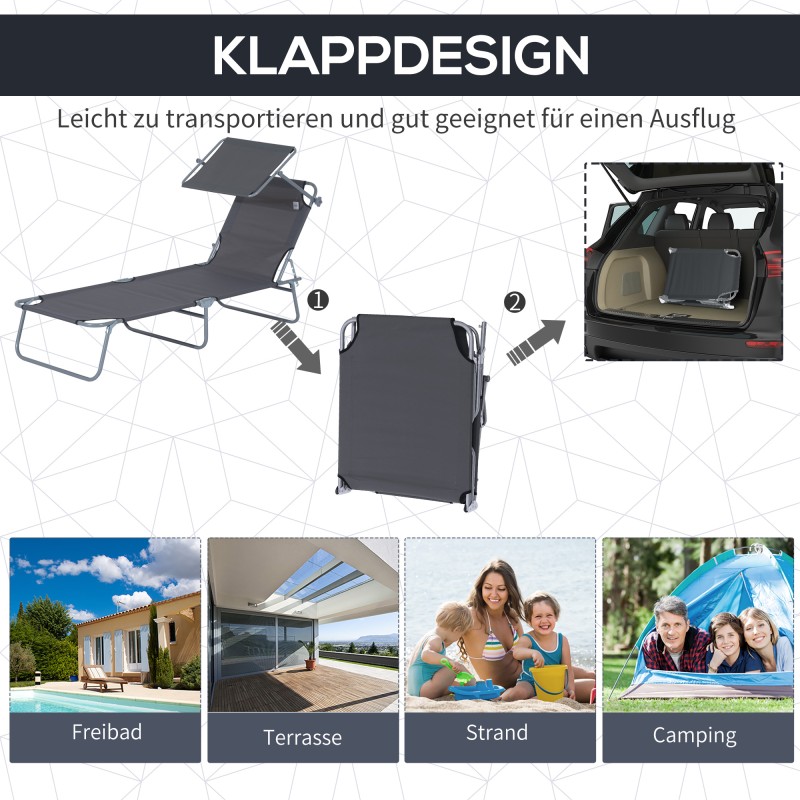 Taitettava aurinkosuoja lepotuoli ulkokäyttöön, 4-asentoinen selkänoja, harmaa