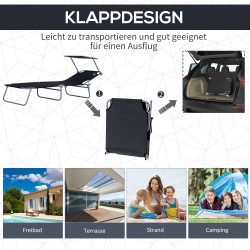 Taittuva aurinkovuode aurinkosuojalla, 4-asentoinen selkänoja, ulkokäyttöön, metalli ja Oxford-kangas, enint. 120 kg, musta