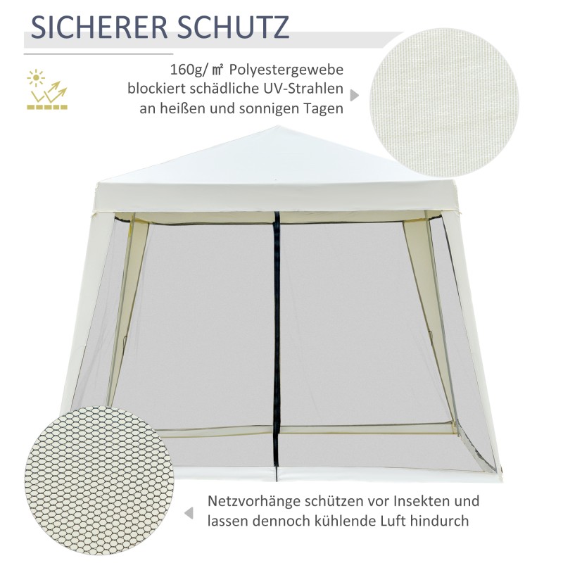 Puutarhapaviljonki 3 x 3 m, kermanvalkoinen, metallirunko ja polyesterikatto, hyttysverkollinen teltta