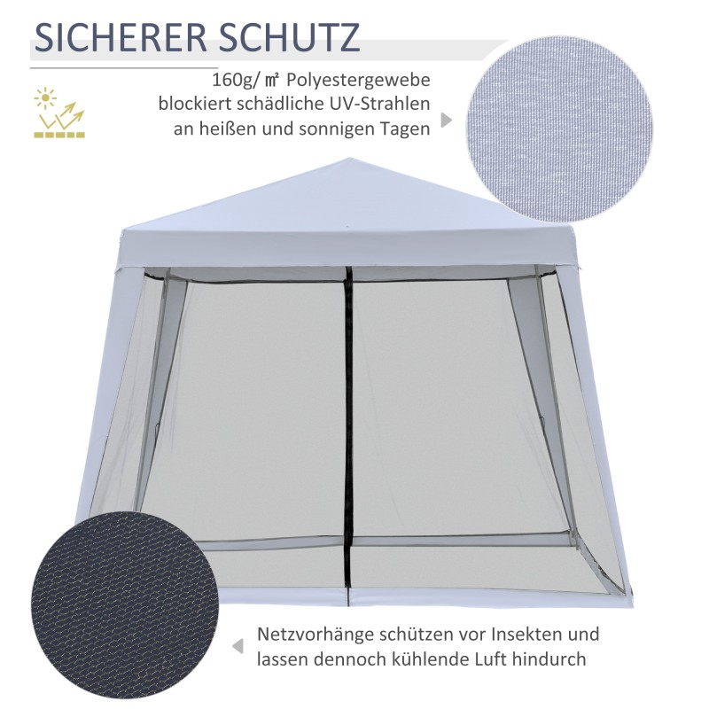 Pihapaviljonki harmaa 3 x 3 m metallirunko ja polyesterikatto hyttysverkoilla