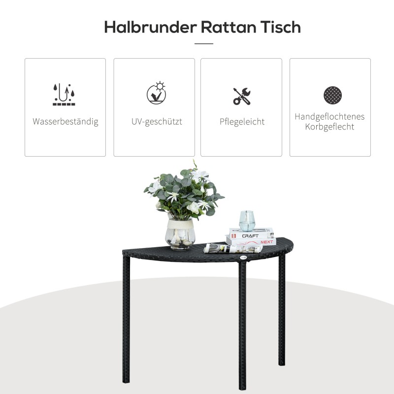 Parvekepöytä puoliympyrä polyrattan metalli musta 100 x 50 x 74 cm