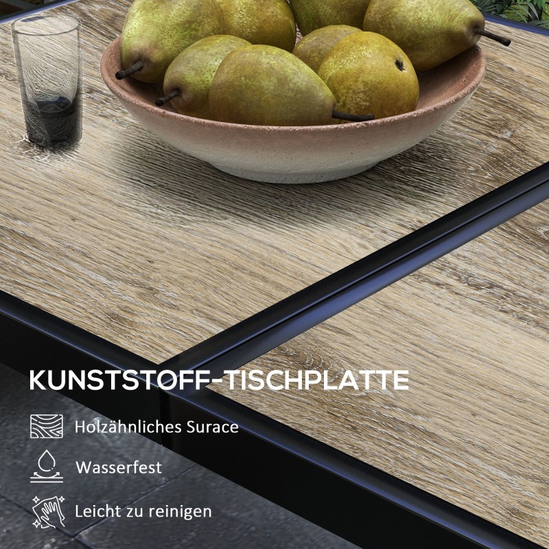 Ulkopöytä 6 hengelle, harmaa puukuosinen PSPC-kansi, metallirunko, 145 x 85 x 72 cm