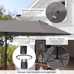 Kaksiosainen aurinkovarjo 460 x 270 cm harmaa, UV-suoja, kampimekanismi, teräsrunko polyestervarjo puutarhaan ja parvekkeelle