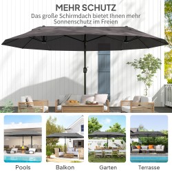 Kaksiosainen aurinkovarjo 460 x 270 cm harmaa, UV-suoja, kampimekanismi, teräsrunko polyestervarjo puutarhaan ja parvekkeelle