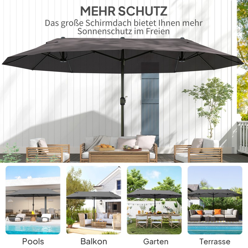 Kaksiosainen aurinkovarjo 460 x 270 cm harmaa, UV-suoja, kampimekanismi, teräsrunko polyestervarjo puutarhaan ja parvekkeelle