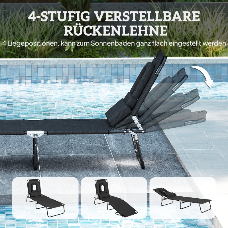 Taitettava aurinkotuoli kasvoreiällä ja tyynyillä, vettähylkivä Oxford-kangas, teräsrunko, musta