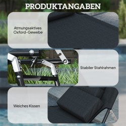 Taitettava aurinkotuoli kasvoreiällä ja tyynyillä, vettähylkivä Oxford-kangas, teräsrunko, musta